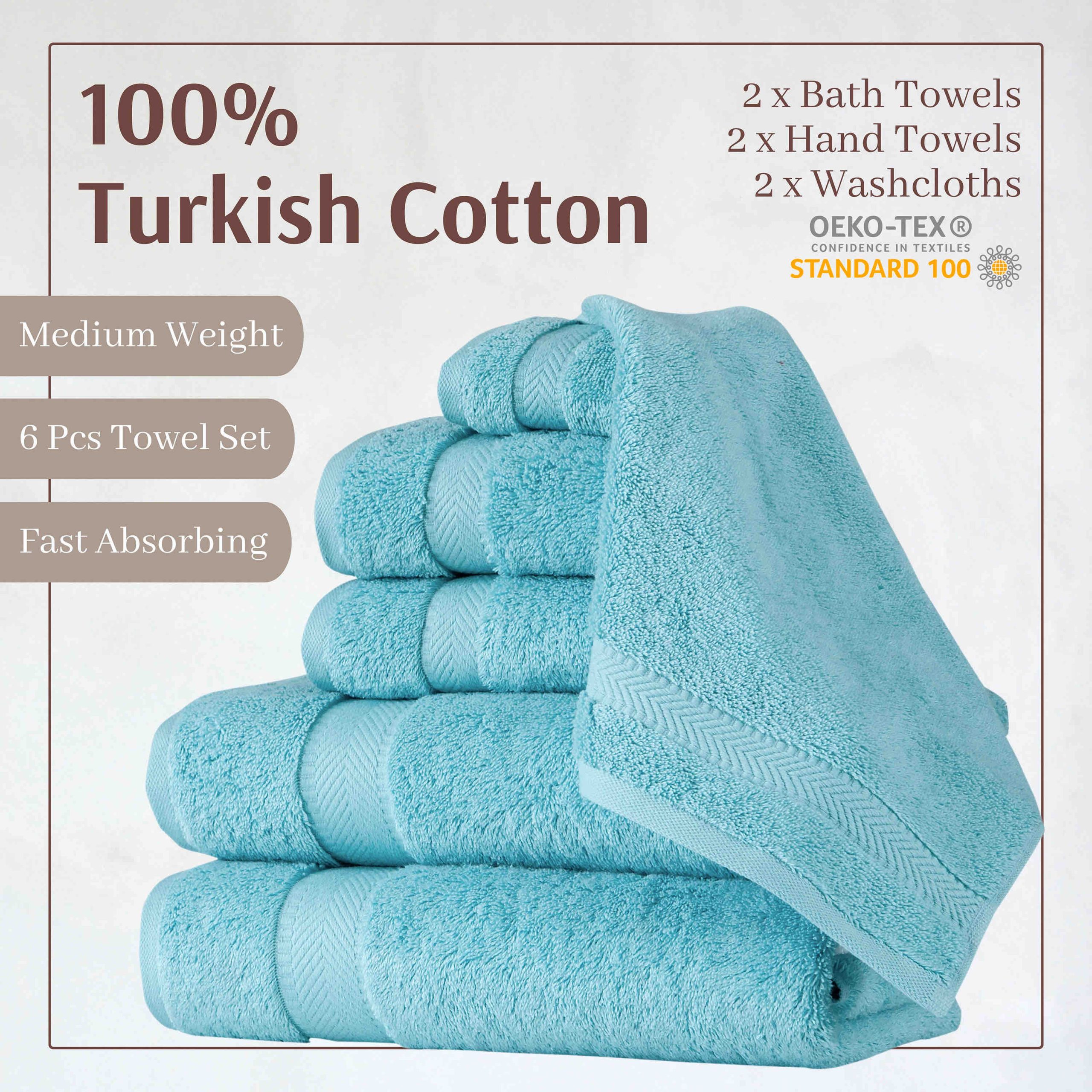 Elegant Comfort Cotton 6-Piece Towel Set, Includes 2 Washcloths, 2 Hand Towels and 2 Bath Towels, 100% Turkish Cotton - Highly Absorbent and Super